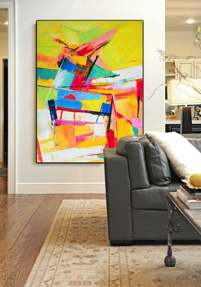 Vertical Palette Knife Contemporary Art,Custom Canvas Wall Art,Yellow,Red,Blue,White